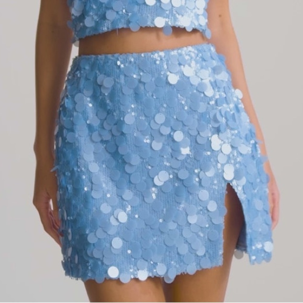 MESHKI Maude Transparent Sequin Mini Skirt With Split - Cornflower Blue